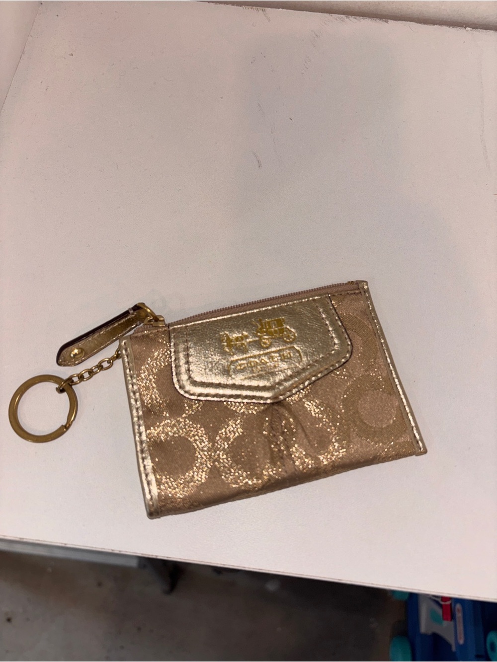 Coach Metallic Signature Card Case with Key Ring - Rose Gold